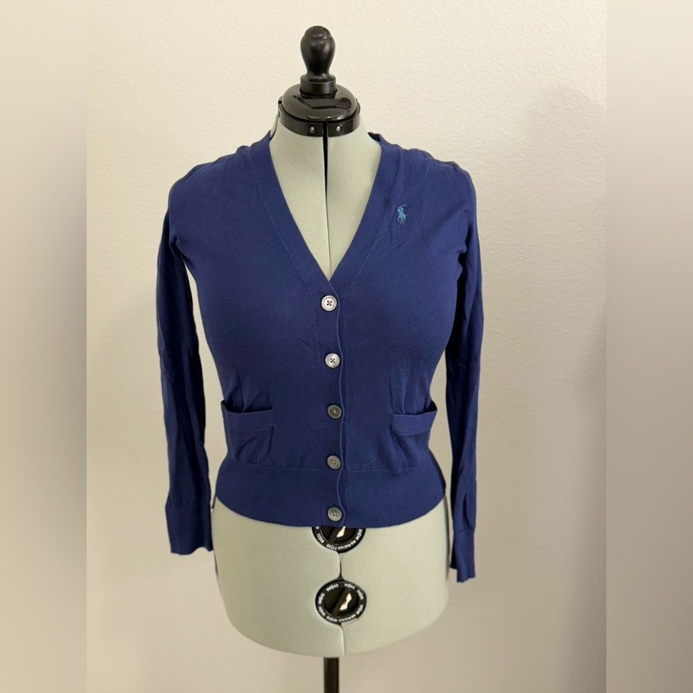 Ralph Lauren Sport Navy Blue Classic Preppy Cotton Cardigan with Pockets Size S
